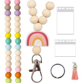 Wooden Beaded Lanyard, Teacher Lanyard with ID Holder, Lanyards for Id Badges Women, Fashion Colorful Wood Beaded Lanyard for Keys