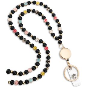 Smiley Teacher Lanyard for Women with Retractable ID Badge Reel and Keychain Cute Happy Beads Lanyard