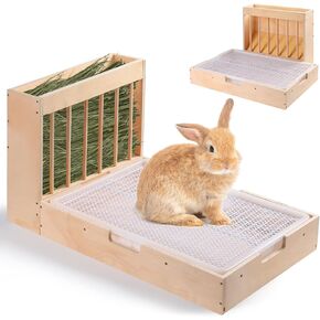 Extra-Large 2-in-1 Rabbit Hay Feeder & Litter Box Set, Wood, Mess Proof, for Guinea Pigs, Chinchillas, Hamsters, and Rabbits