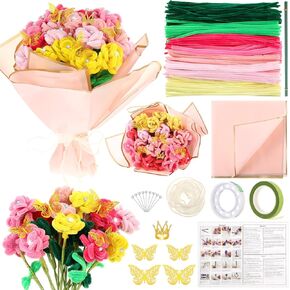 Sinload 290 Pcs Pipe Cleaners Flower Bouquet Craft Kit for DIY Bouquet with Tutoria and Flower Wrapping Paper Fluffy Pipe Cleaners Supplies for DIY Art and Craft Projects Valentine Gifts(Pink Tulip)