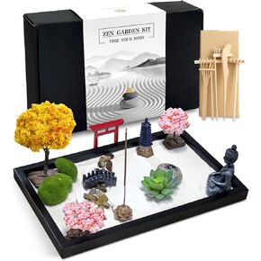Zen Garden for Desk Decor - Premium Premium Japanese Mini Mini Sand Garden Kit Box للمنزل ، مكتب المكتب مع صينية خشبية أسود ، رمال بيضاء ، أدوات ، بوابة حمراء ، بوذا - مجموعة هدية للتأمل على سطح المكتب