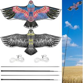 Qualirey 2 Sets Bird Scaring Eagle Flying Kite Bird Scarer Flying Kite Crops Farm Protector Simulated Eagle Scare Device with 12.63 ft Pole for Outdoor Home Yard (Beige Gray, Colorful)