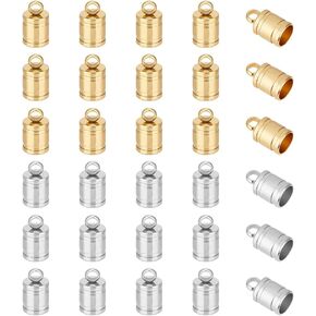 UNICRAFTALE 30Pcs 2 Colors Stainless Steel Cord End Hats Golden Barrel End Hats Terminators Cord Finding Column Cord Ends Hats for Bracelet Necklace Jewelry Making 6mm