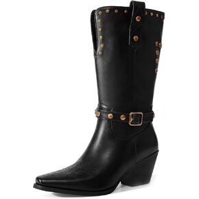 Womens Cowboy Cowgirl Boots Wide Mid Calf Square Toe Riding Boots Block Chunky Heel Low Heel Distressed Studded Boots
