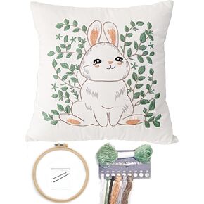 FONNUY Easter Throw Pillow Case Embroidery Kit, Eucalyptus Leaves Happy Rabbit Bunny Stamped Pattern Kits for Audlt Beginners, Hand Works Crafts Throw Pillow Cover, 18 x 18'' (Rabbit 01)