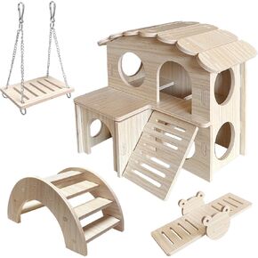 LOS ANDES Hamster Maze Double-Decker Wood House, Hamster Seesaw Toy, Bridge and Swing for Dwarf Gerbil Mouse Mice Rat Small Animals(Only for Small Hamster)