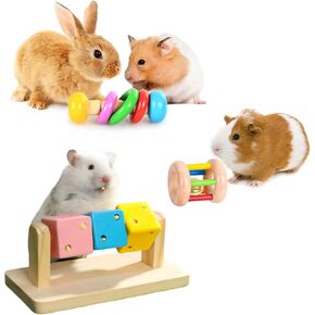 3 Pcs Wooden Hamster Toys - Safe Eco-Friendly Rabbit Toys, Bite-Resistant Guinea Pigs Toys for Chinchillas Hamsters Small Animals Playing Teeth Grinding Indoor