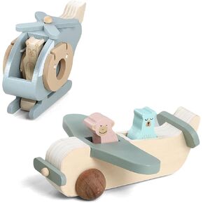 Wooden Airplane Toys Set for Toddlers, Air Transport Vehicles Play Set with Baby Push Car, Montessori Toy for Baby Gift