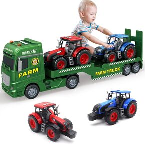 Large Flatbed Semi Truck Toy for Kids, 25’’ Large Farm Vehicles Truck Toy with 2 Tractors, Friction Powered Kids Farm Truck Tractor Vehicles Toys with Lights and Sounds, Car Toy Birthday Gift