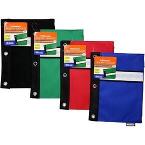 BAZIC Pencil Pouch 3 Ring Binder Pouch w/ Rivet Enforced Rings Holes, Zipper Pouches Bag, Assorted Color, 4-Pack