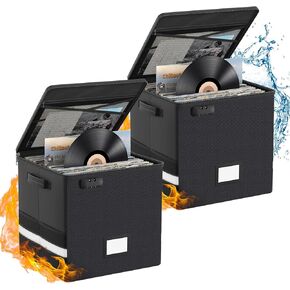 Vinyl Record Storage Box with Lock, 2 Packs Fireproof & Water-Resistant Record Organizer for 100+ 12-inch Vinyl Albums, Collapsible Crate with Lid & Handles, 13"x13"x13" Record Case