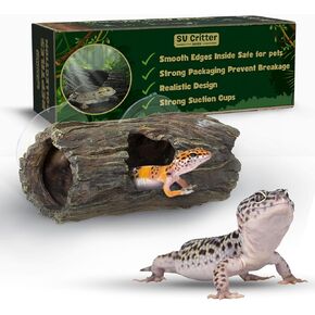 Crested Gecko Hide - Essential Crested Gecko Accessories for Tank - Reptile Hide Cave with Suction Cups - Unbreakable Realistic Tree Trunk Design - Safe Resin for Geckos, Lizards, Snakes