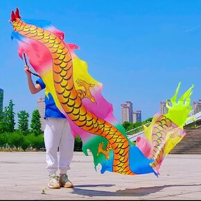 Lightweight Ribbon Dragon Poi for Kids, Outdoor Exercise Dragon & Phoenix Washable Ribbon Streamer with Real-Like Dragon Head Flowy Toy Set (Rainbow Dragon Claw, 16.4 FT)