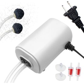 Mini Air Pump Aquarium Quietest for Fish Tank 5 to 50 Gallons, Adjustable Dual-Outlet Bubbler for Bait 3W 108GPH, with Air Stones, Airline Tubing, Check Valves, Suction Cup