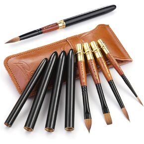 Sable Travel Watercolor Brushes, Fuumuui 4pcs Elegant Kolinsky Sable Watercolor Travel Brushes Travel Watercolor Kit with Leather Pouch Perfect for Watercolor Gouache Ink Painting