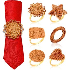 Set of 6 Rattan Napkin Rings with Unique Designs Handmade Natural Woven Table Decor, Includes Star, Flower, Heart, and More Shapes Elegant Boho Style for Weddings, Parties, and Everyday Dining