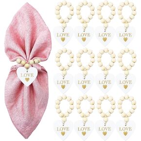 WINGFISH Wedding Napkin Rings Set of 12 Wood Bead Heart Napkin Rings Bulk White Valentines Napkin Rings for Table Decor Napkin Ring Holders for Wedding Anniversary Party Gathering Banquet Birthday