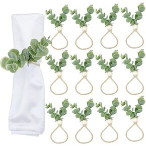 WINGFISH Eucalyptus Leaf Napkin Rings Set of 12 Farmhouse Napkin Rings Easter Napkin Rings Wood Bead Boho Napkin Ring Holder for Party Gathering Banquet Wedding Birthday Dinning Table Decoration