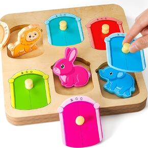 Wooden Animal Peg Puzzle : Baby Puzzles 12-18 Months, Montessori Baby Toys for 1 Year Old, Preschool Learning Activities for Toddlers 1-3, Christmas Birthday Gifts for Boys, Girls