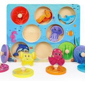 Montessori Wooden Puzzle for Toddlers 1-3, Wooden Toy for 2+ Year Old, 1 Year Old Boy and Girl Gifts, Baby Puzzle for Toddlers Age 1-2 (8.6inches, Sea Animal)