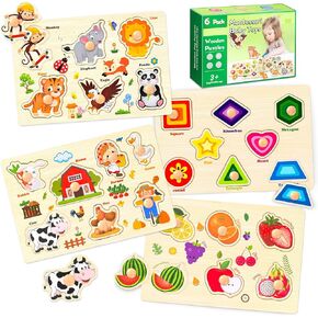 Wooden Puzzles for Toddlers, 4 Pack Montessori Toys Preschool Learning Puzzles for Baby, Farm, Shapes, Animals, Fruits Wooden Peg Puzzles for Boys and Girls (4 Pack)