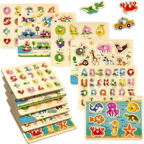 Wooden Peg Puzzles for Toddlers 1 2 3 4, 6 Pack Educational Peg Puzzles Montessori Toys, Learning Puzzles for Kids Girs Boys with Alphabet Number Animal Vehicle Shape