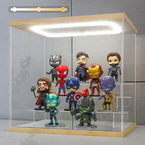 Clear Acrylic Display Case with Light 3 Tier Display Storage Box Assembly Dustproof Showcase for Collectibles Action Figures(Black, 12.0*6.9*9.4inch)