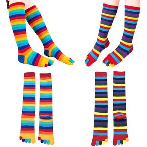 2 Pairs Cotton Long Five Finger Socks Knee High 5 Toe Socks Rainbow Stripe Leg Warmers Stockings for Women Girls