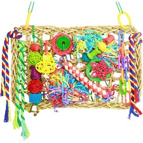 Bird Foraing Toys, Large Size Parrot Toy, Parakeet Toys, Bird Toys Hammock Swing,Grass Mat with Colorful and Various Chew Toys for Climb, Shredder, Suitable for Cockatiel, Conure, Lovebird
