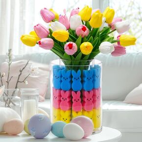 Easter Bunny Table Decorations - Easter Peeps Decor - Artificial Tulips with Bunnies Vase Filler Set, Happy Easter Rabbit Centerpieces Spring Home Decorations for Tables(Vase Not Included)