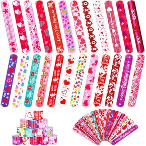 48 Pieces Valentines Day Slap Bracelet for Kids, 24 Styles Colorful Valentines Day Slap Wristbands Bulk for Kids Party Favors Supplies Classroom Prizes Exchange Gifts
