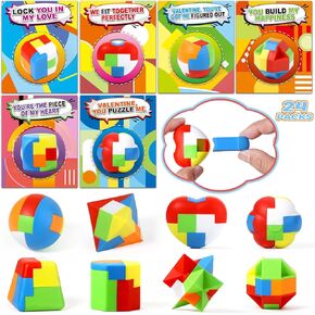 بطاقات يوم Valentines مع 24 Pack Brain Teaser Puzzle for Kids School Classroom ، هدايا Valentines للتبادل للمدارس ، بلغات ألغاز الدماغ ثلاثية الأبعاد لصالح الحفلات