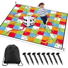9.8 ft Giant Snakes and Ladders Game Playing Mat with 6 Nails 14 Inch Inflatable Dice and Storage Bag Floor Snake and Ladder Board Game Big Size for Both Indoor and Outside