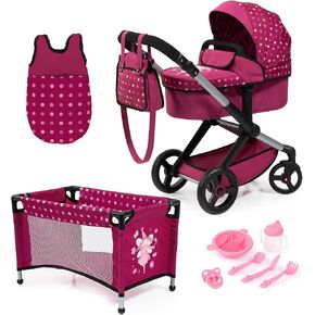 دمى بايير تصميم: مجموعة Xeo Mega 10pc - Pink Hot Pink ، Dots ، Fairy - Pram ، Bed ، حقيبة يد ، إكسسوارات التغذية والرعاية للدمى حتى 18 "، لعبة أطفال ، تتراوح أعمارهم بين 3+ in Kuwait