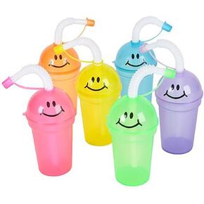 The Dreidel Company Happy Face Sipper Cups, Colorful Plastic Straw Cups with Lid and Straw, Party Favor 6.25" 7 OZ, 6 Pack