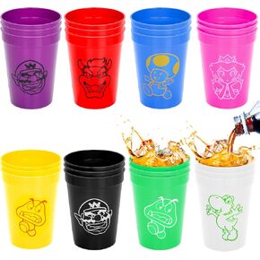 24Pcs Super Bros Party Cups - 12 OZ Reusable Plastic Cups Party Supply Drinking Cups for Game Lovers Party Decorations