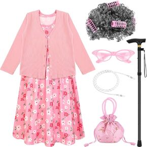 Old Lady Costume 100 Days of School Costume Granny Old Lady Sweater Dress Wig Bag Cane Accessory for Dress Up