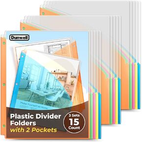 Dunwell 2-Pocket Dividers for 3-Ring Binder (1 Set, 5 Count) No Tab Binder Folders, 5 Bright Colors, Plastic File Jackets, File Folder Jackets, Tear Resistant Acid-Free Poly