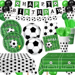 170 PCS Soccer Party Decorations, Soccer Birthday Party Decorations - Includes Plates, Napkins, Cups, Banner, Balloons, Tablecloth, Knives, Forks for Sports Soccer Theme Party Decorations, Serve 24