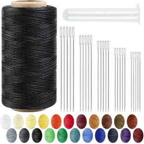 Leather Upholstery Sewing Waxed Thread: PLANTIONAL 218 Yards 210D Wax String Set with 25 Large Eye Hand Sewing Needles, Heavy Duty Sewing Kit for Car Sofa Leather Repair Craft