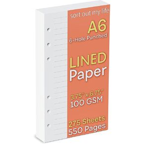 A6 Lined Paper 6-Hole Punched, 275 Sheets (550 Pages), 100 GSM, Binder Refill Inserts, 3.75 x 6.75 Inch