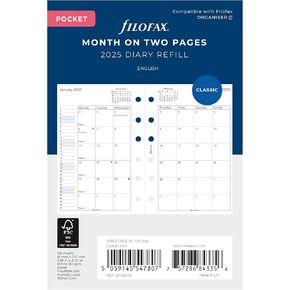 Filofax Calendar Diary Refill, Pocket Size, Month-to-View, White Paper, English, 2025 (C68210-25)
