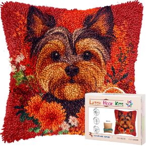 DIY Latch Hook Pillow Kits for Adults Yorkshire Terrier Dog in Flowers Printed Pillowcase Crochet Yarns Hooking Handmade Pillow Cover Cushion for Home Sofa Decoration 17x17inch-7