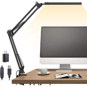 LED Desk Lamp, Swing Arm Desk Light with Clamp, 3 Lighting 10 Brightness Eye-Caring Modes, Reading Desk Lamps for Home Office 360°Spin with USB Adapter & Memory Function black-14W