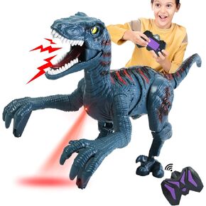 Large Remote Control Dinosaur Toys for Kid - Walking Dinosaur Toys for Boys 5-7，RC Jurassic Velociraptor Toys 8-12，Robot Dinosaur 3-5 with Light Sounds Toys for Boys Age 3+ Rechargeable Blue