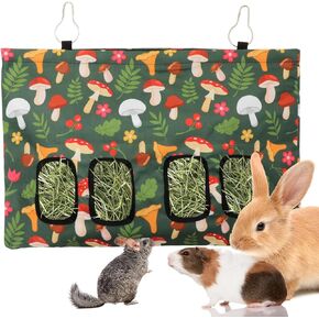 Rabbit Hay Feeder Bag with 4 Holes Mushroom 18 x 12 Inch Guinea Pig Hanging Hay Feeding Bag Storage Dispenser for Chinchilla Hamster Bunny Small Animal Pet
