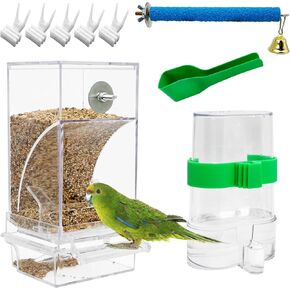 No Mess Bird Feeder Pack of 9 Automatic Parrot Water Dispenser Acrylic Adjustable Parakeet Seed Food Container Cage Accessories Drinker for Lovebirds Finches Budgies Canaries