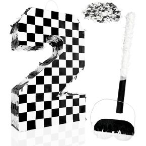 Checkered Number 2 Pinata Black and White Checkered Pinata with Stick and Blindfold Confetti for 2nd Birthday Racing Car Party Game Supplies Race Car Pinata