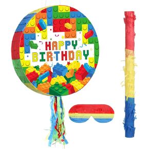 Jexine Building Blocks Game Set Birthday Party Supplies Fiesta Piñata Bundle with Blindfold Bat Stick Block Tassel Piñata for Kids Blocks Theme Birthday Carnival Party Event Decoration