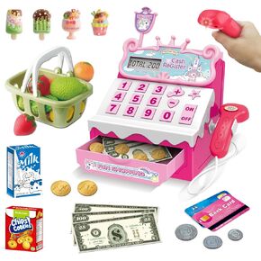 Toy Cash Record for Kids ، Play Play Cash Record Toy مع لعبة Money ، بطاقة ائتمان ، لعب الطعام ، سجل الأطفال الماسح الضوئي ، الآلة الحاسبة الحقيقية ، Sound for Girls Boys 3 ، 4 ، 5 ، 6 ، 7 ، 8+
